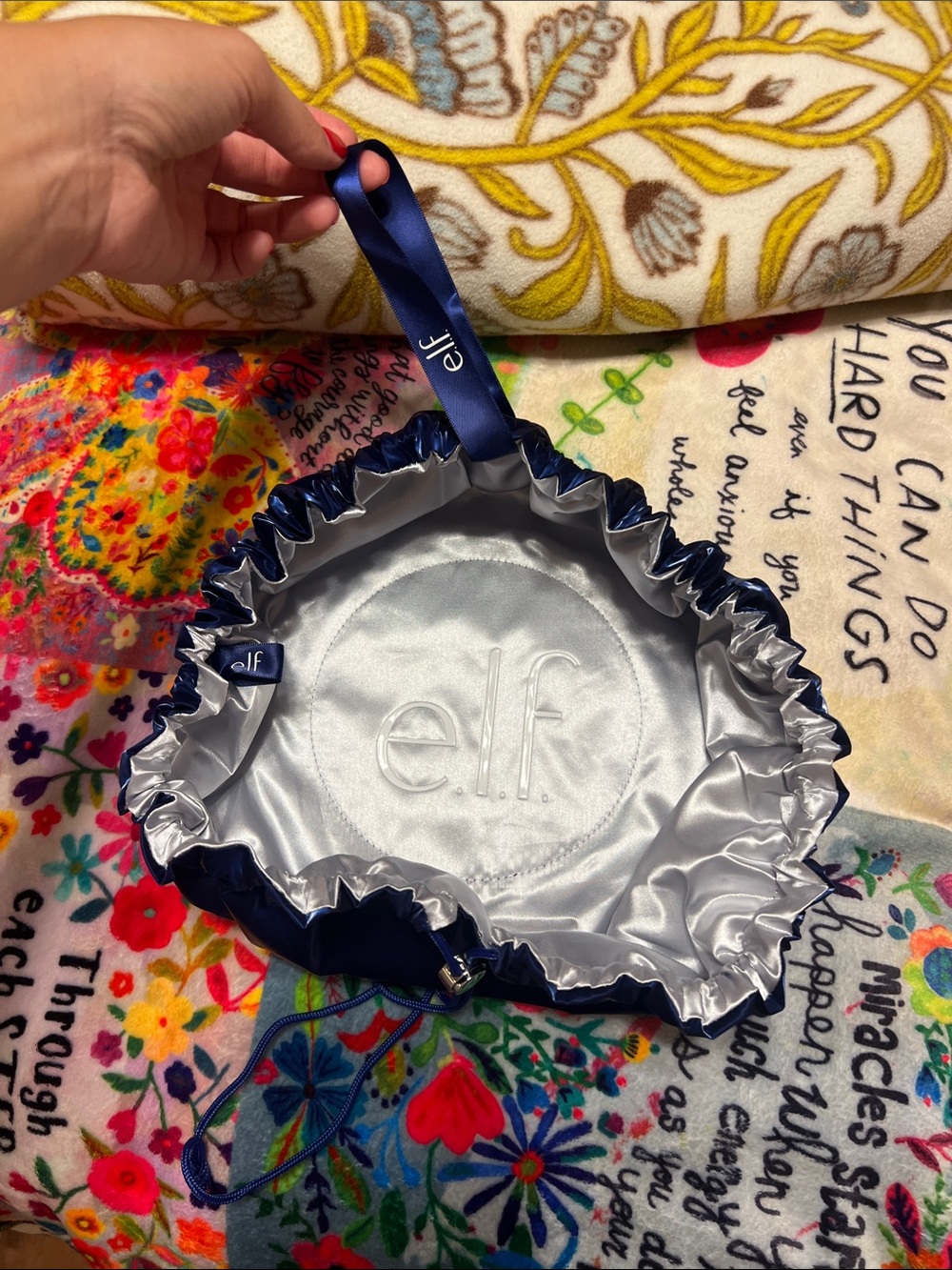 ELF Navy Blue and Silver Satin Makeup Pouch